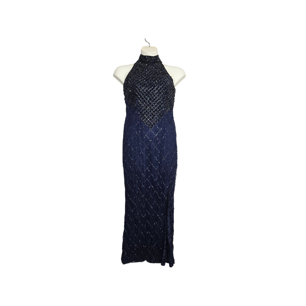 Vintage Laurence Kazar Silk Beaded Gown Size Large Long Bling Formal Dress Prom